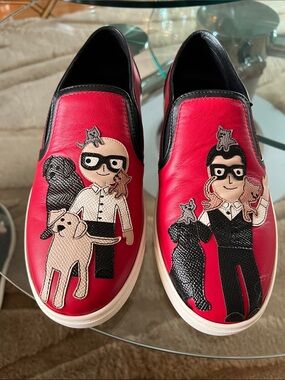 Dolce & Gabbana Black and Red Leather Slip-On Sneakers